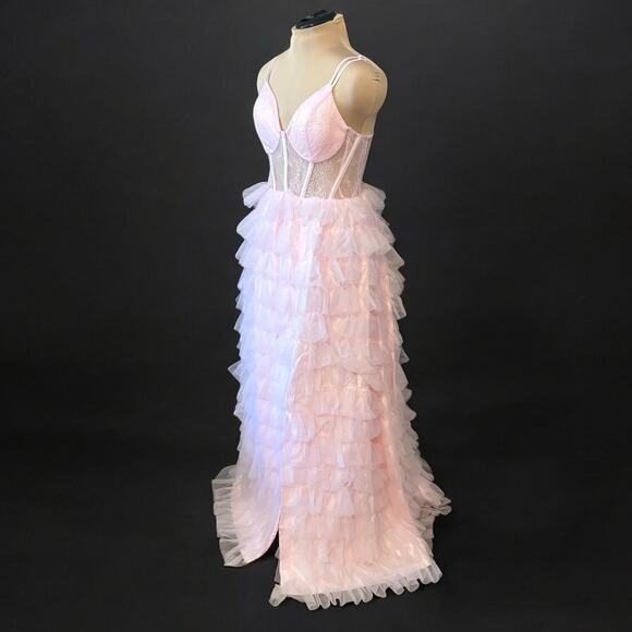 Crystal Doll "Juliet” Formal Gown Size 15 Lace Bodice Ruffle Skirt Baby Pink - Picture 2 of 12